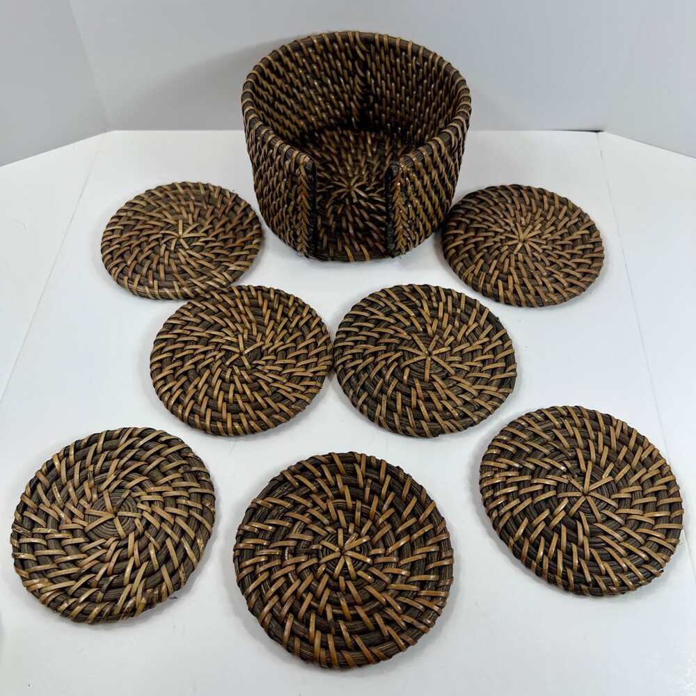 Set of 7 Brown Rattan Woven Wicker Round 4" Coasters with Storage Basket Boho